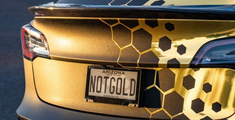 Digital license plate on Simon Cellard's golden tesla in Arizona - Reviver