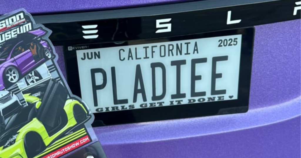 Your Guide to Digital License Plate Banner Messages 3 Image of a purple Tesla with a digital license plate that reads "Girls Get It Done" underneath her license plate number.
